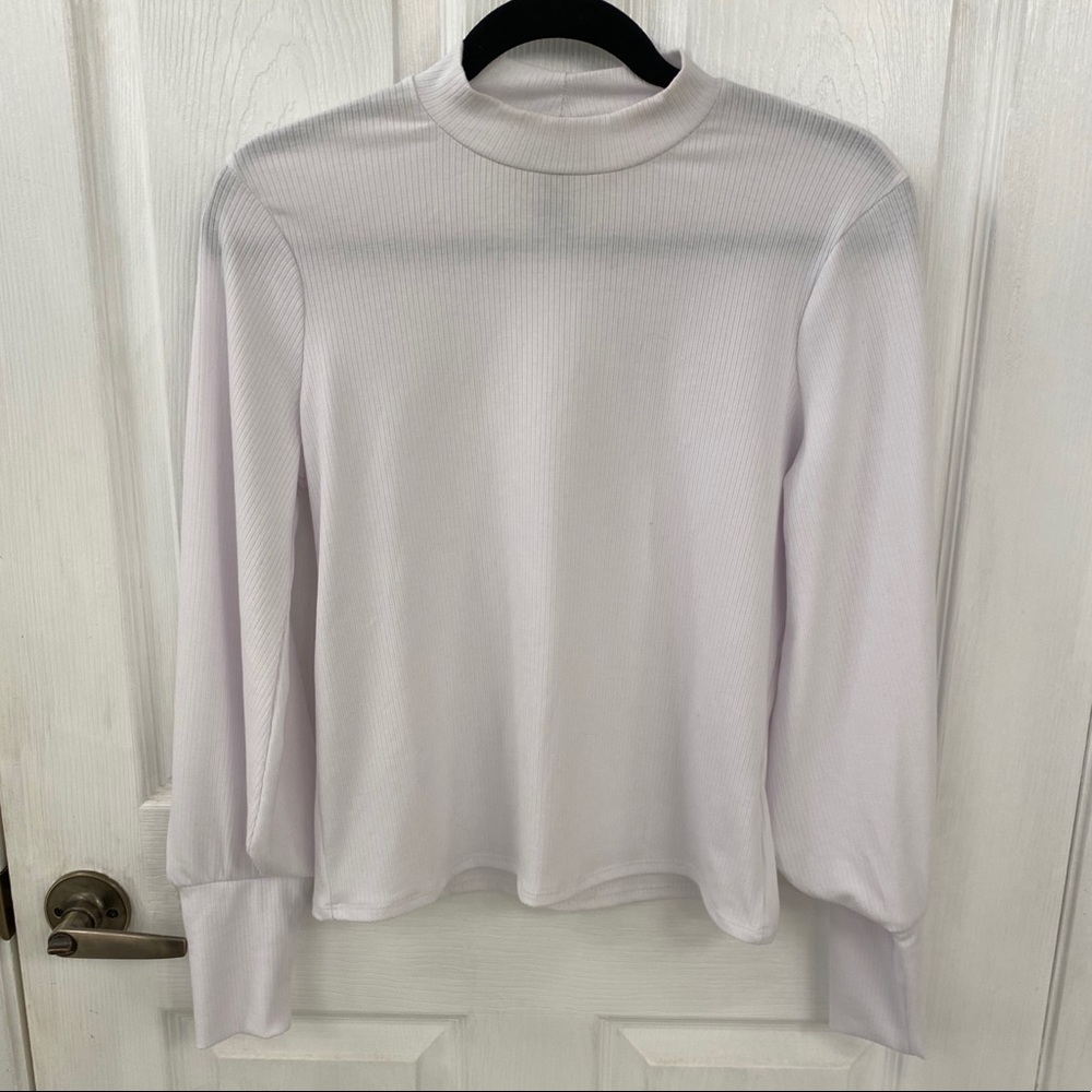 Mock Neck White Ribbed Long Balloon Sleeve Top
